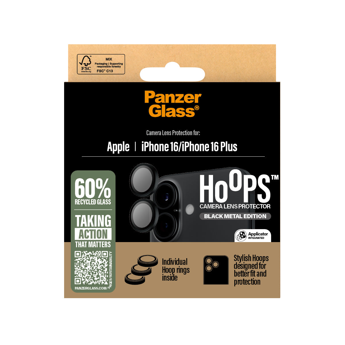 PanzerGlass Hoops Camera Lens Protector, for iPhone 16 / 16 Plus | Black