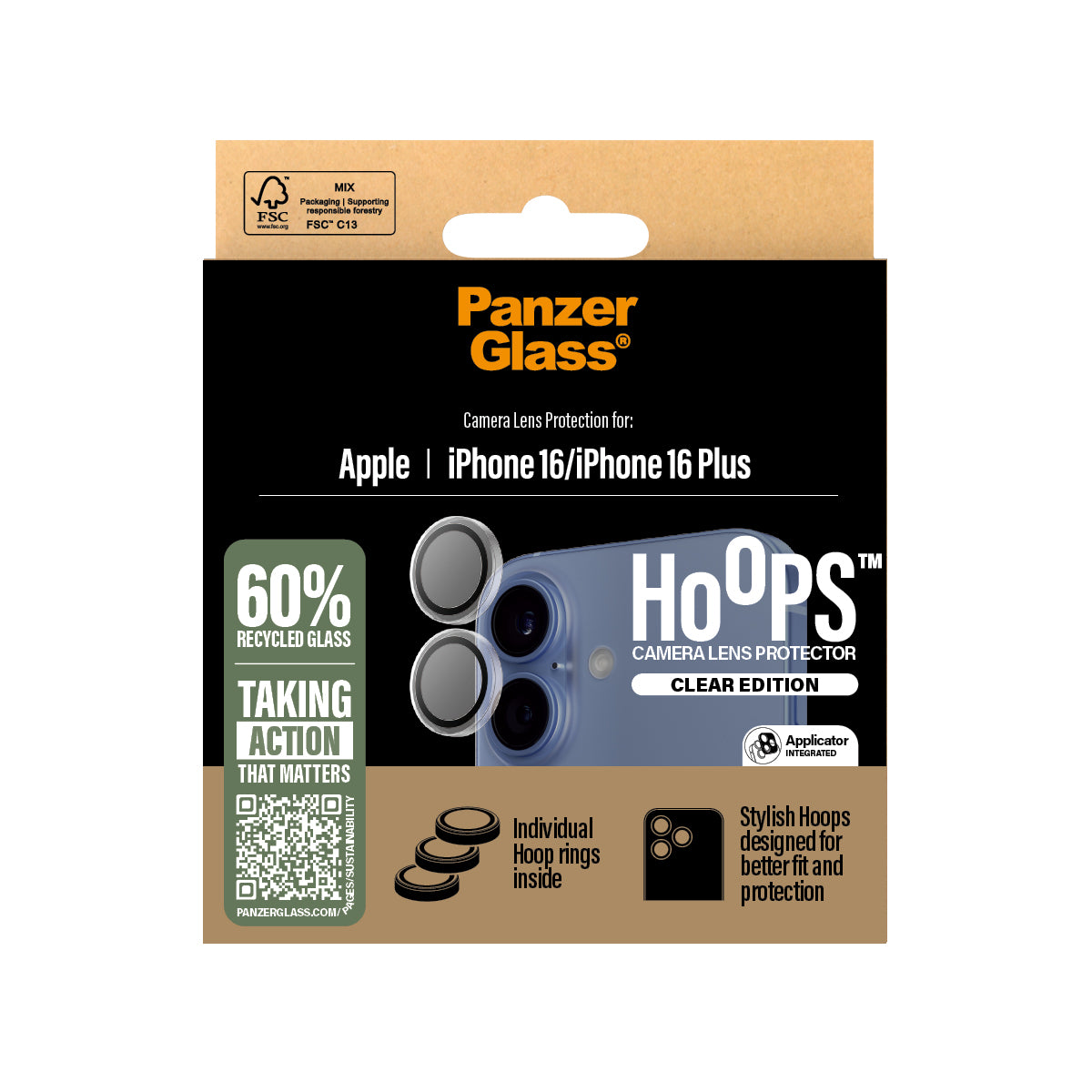 PanzerGlass Hoops Camera Lens Protector, for iPhone 16 / 16 Plus | Clear