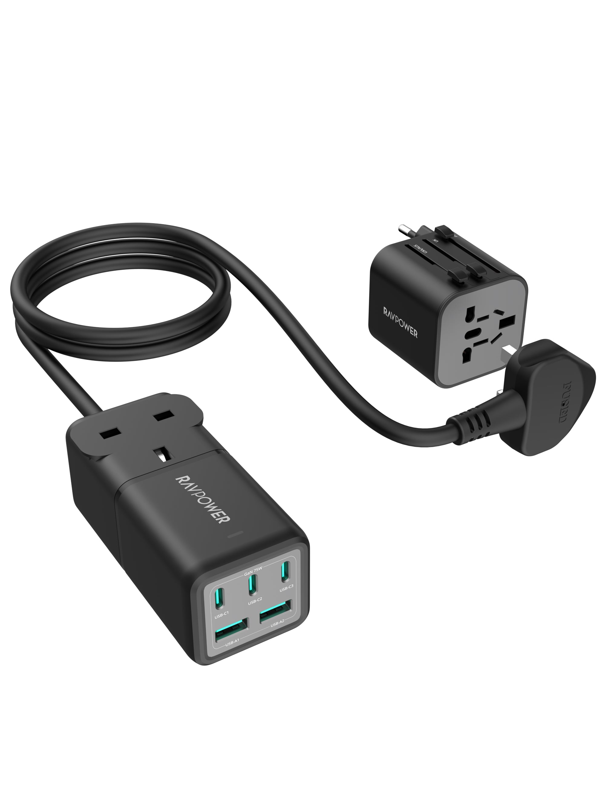 RAVPower Power Strip + Travel Charger Adapter, 75W 5-Port with AC Outlets UK Plug | Black