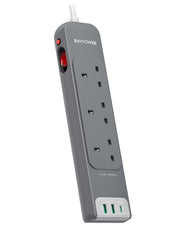 مشترك كهربائي من RAVPower بقوة 30W بـ 3 مقابس AC ومنفذَي USB بطول 3M نسخة المملكة المتحدة - رمادي