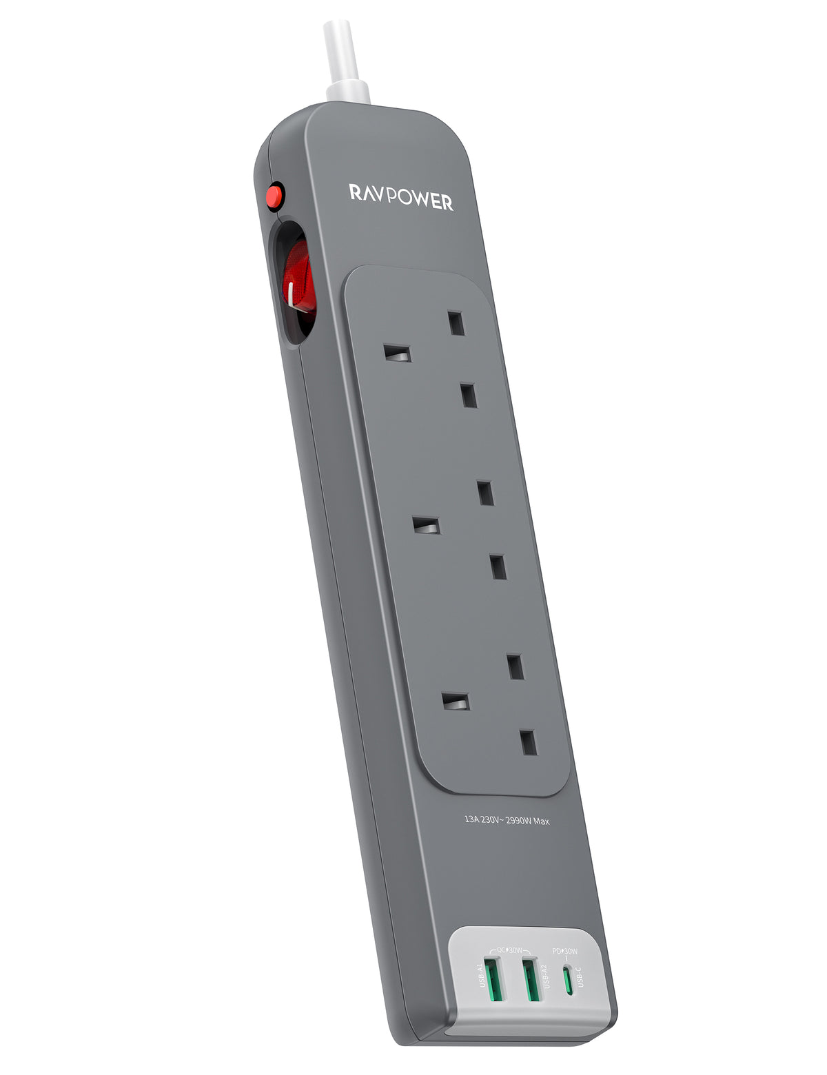 RAVPower Power Strip, 3 Outlets UK Version 3m with USB Port | Gray