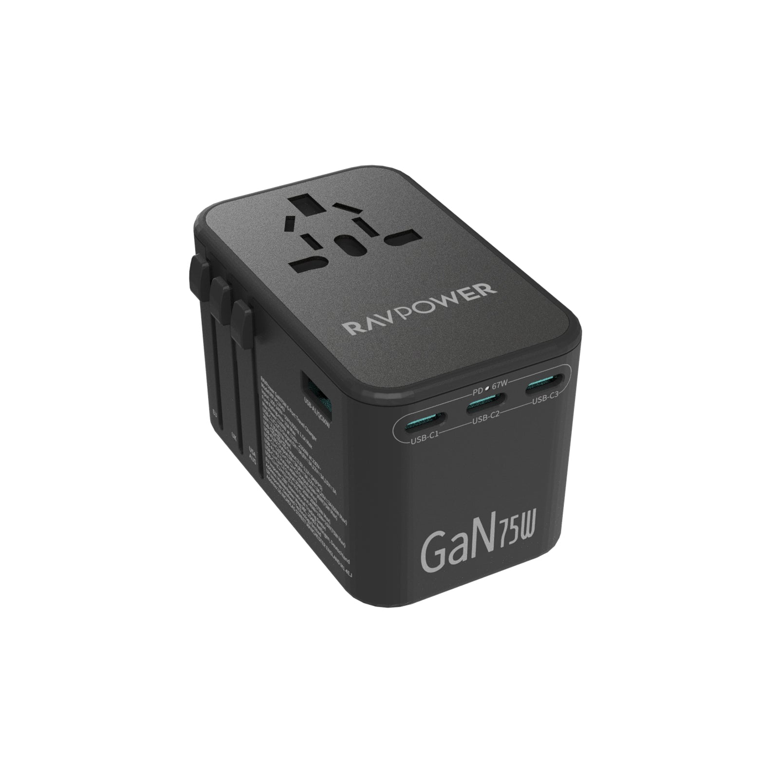 RAVPower Travel Charger, PD GaN 75W 4-Port Global | Black