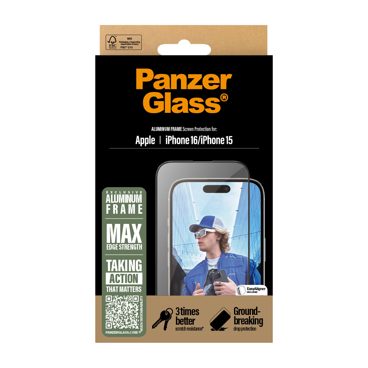 PanzerGlass Screen Protector, Aluminum Frame Ultra-Wide Fit for iPhone 16
