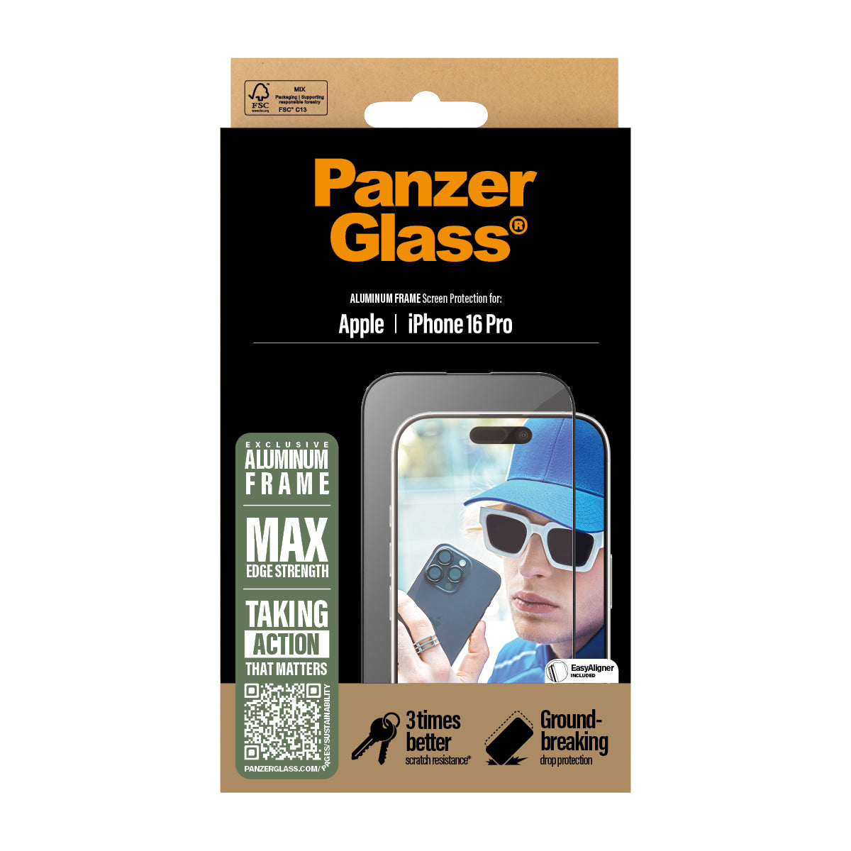 PanzerGlass Screen Protector, Aluminum Frame Ultra-Wide Fit for iPhone 16 Pro