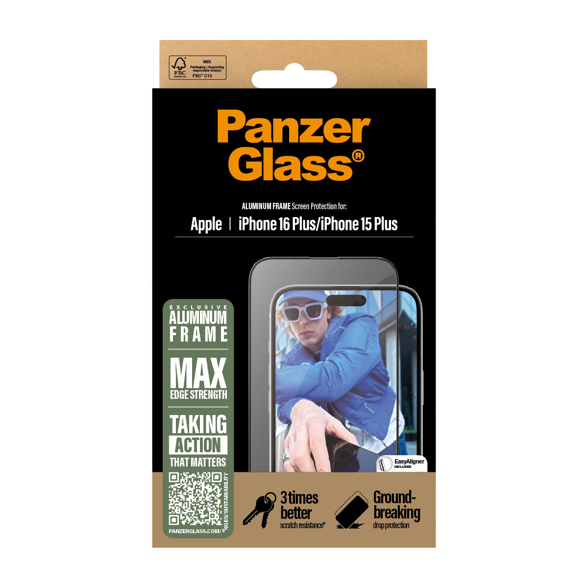 PanzerGlass Screen Protector, Aluminum Frame Ultra-Wide Fit for iPhone 16 Plus