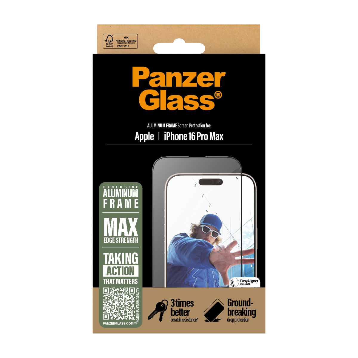 PanzerGlass Screen Protector, Aluminum Frame Ultra-Wide Fit for iPhone 16 Pro Max