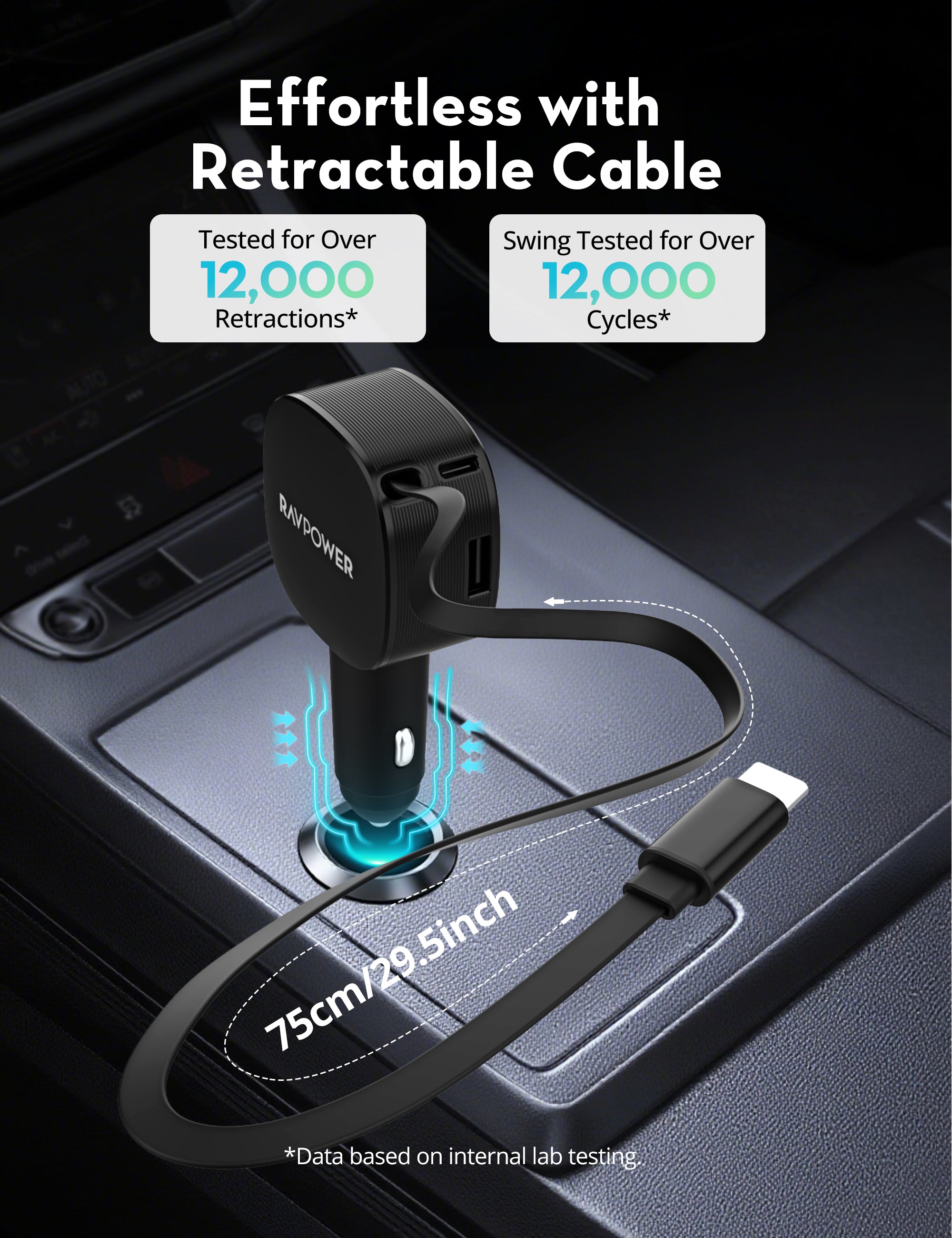 RAVPower Car Charger, PD 60W 3-Port | Black