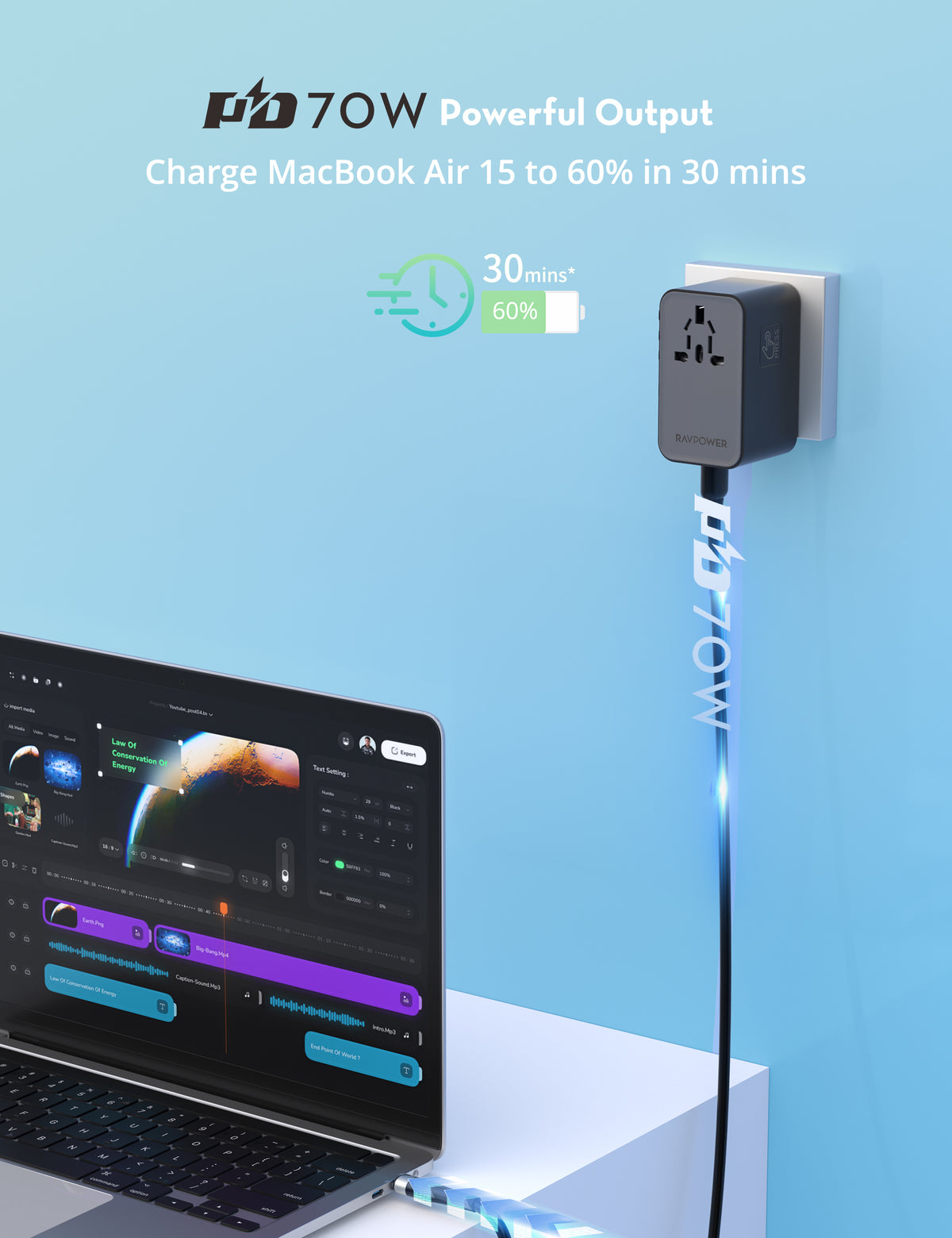 RAVPower Travel Charger, GaN PD 70W with Retractable C-C Cable | Black