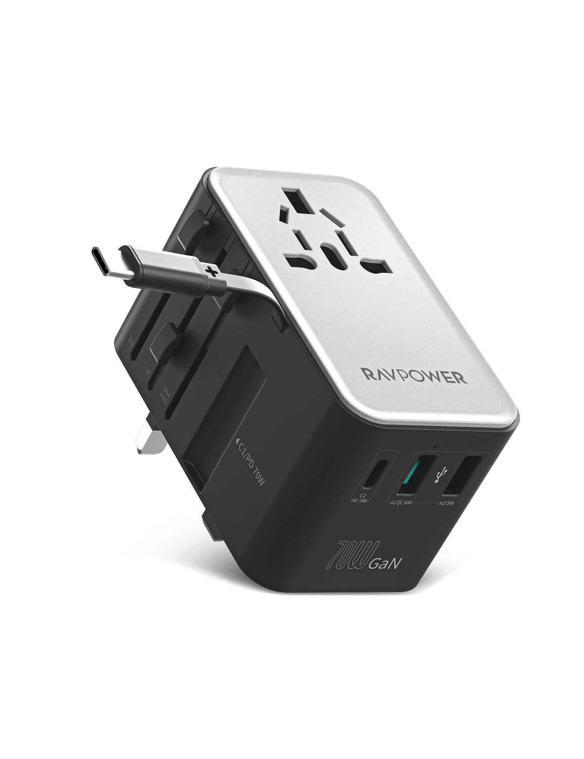 RAVPower Travel Charger, GaN PD 70W with Retractable C-C Cable | Black