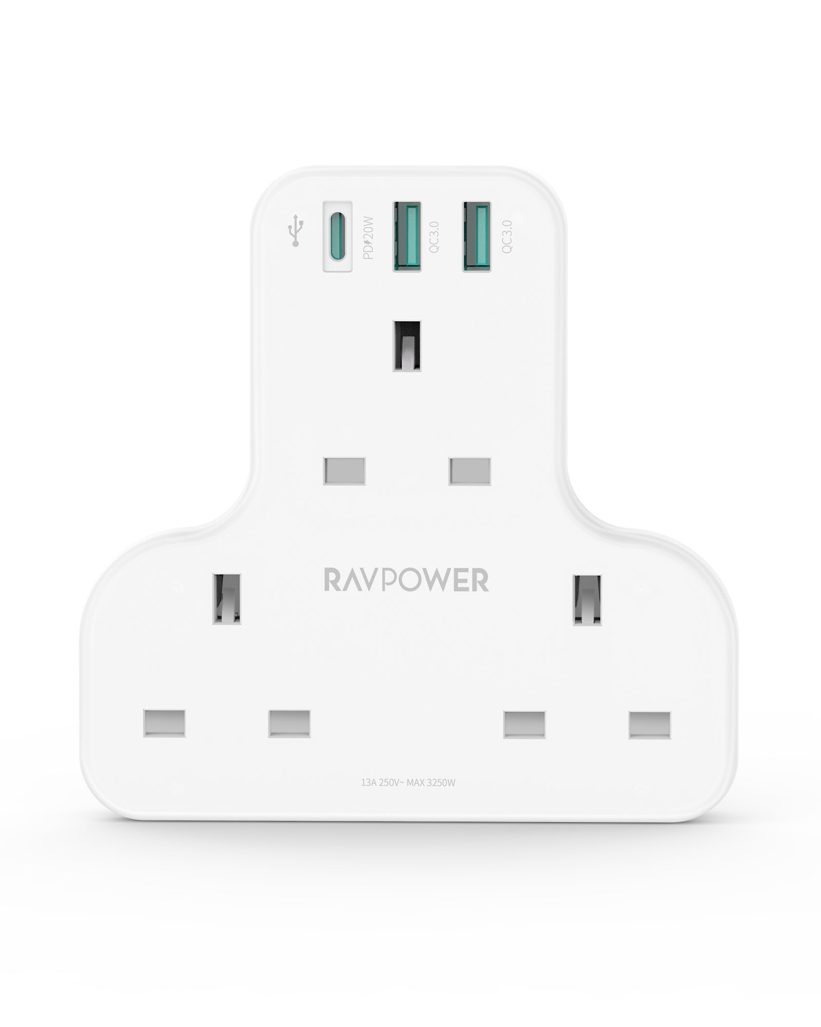 RAVPower Charger, PD Pioneer 20W 3-Port UK Version with 3 AC Plugs | White
