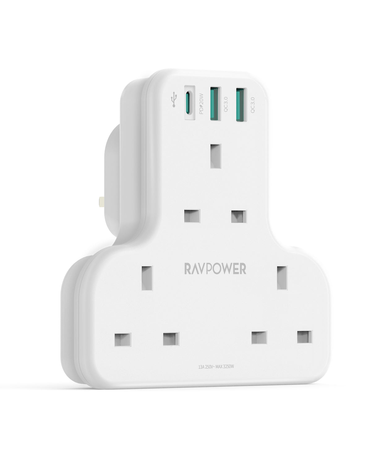RAVPower Charger, PD Pioneer 20W 3-Port UK Version with 3 AC Plugs | White
