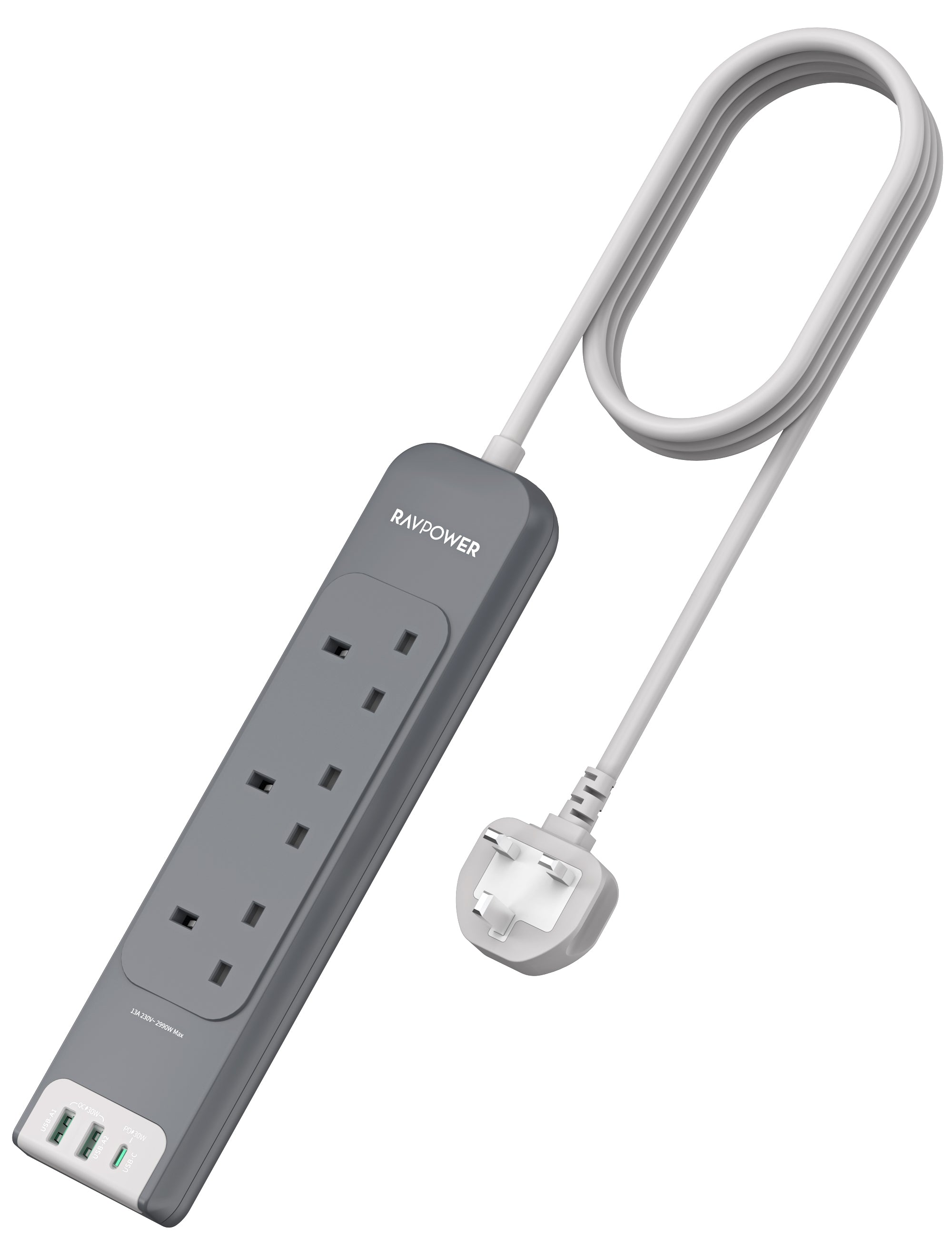 RAVPower Power Strip, 3 Outlets UK Version 3m with USB Port | Gray