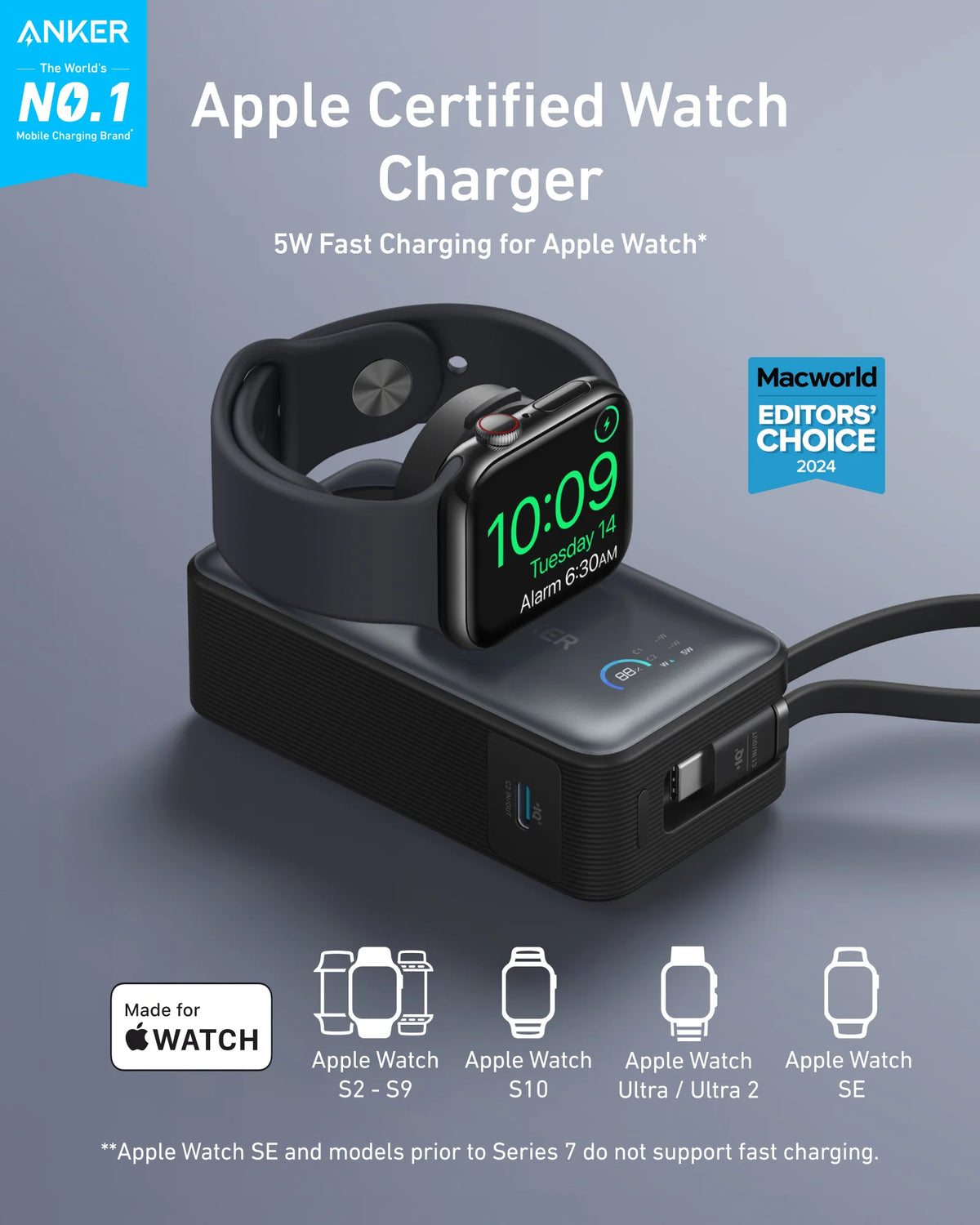 Anker MagGo Power Bank (10K, 35W, For Apple Watch, Built-In USB-C) - Black