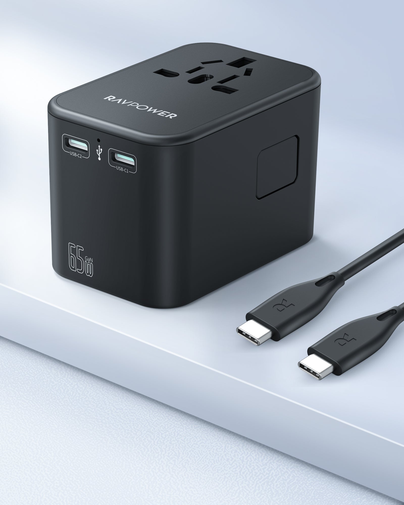RAVPower Travel Charger, PD Pioneer 65W 3-Port with 100W C-C Cable | Black