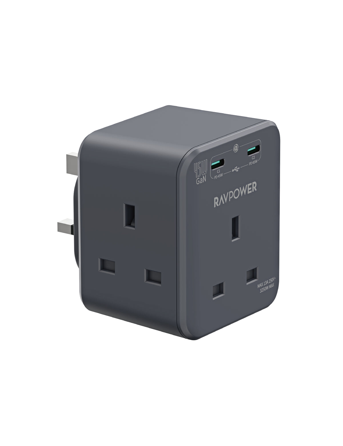 RAVPower Power Outlet Extender, GaN 45W with 3 AC Outlets and 2 USB-C