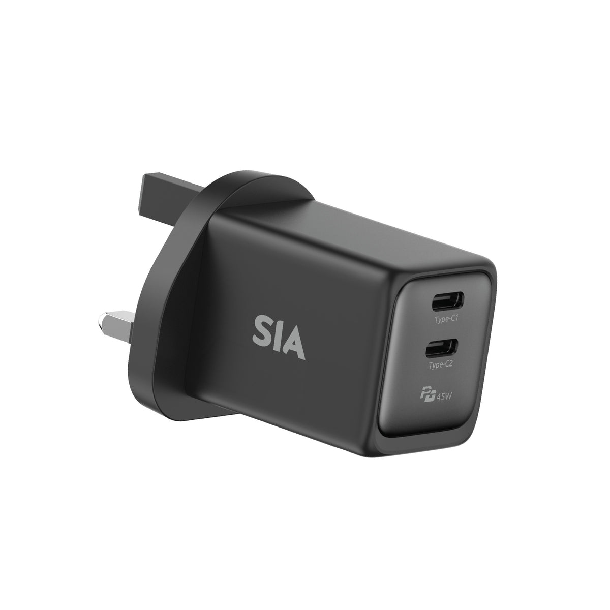 شاحن من SIA VoltBase بتقنية GaN وشحن PD/PPS بقدرة 45W ومنفذَي USB-C - أسود ورمادي - إصدار المملكة المتحدة