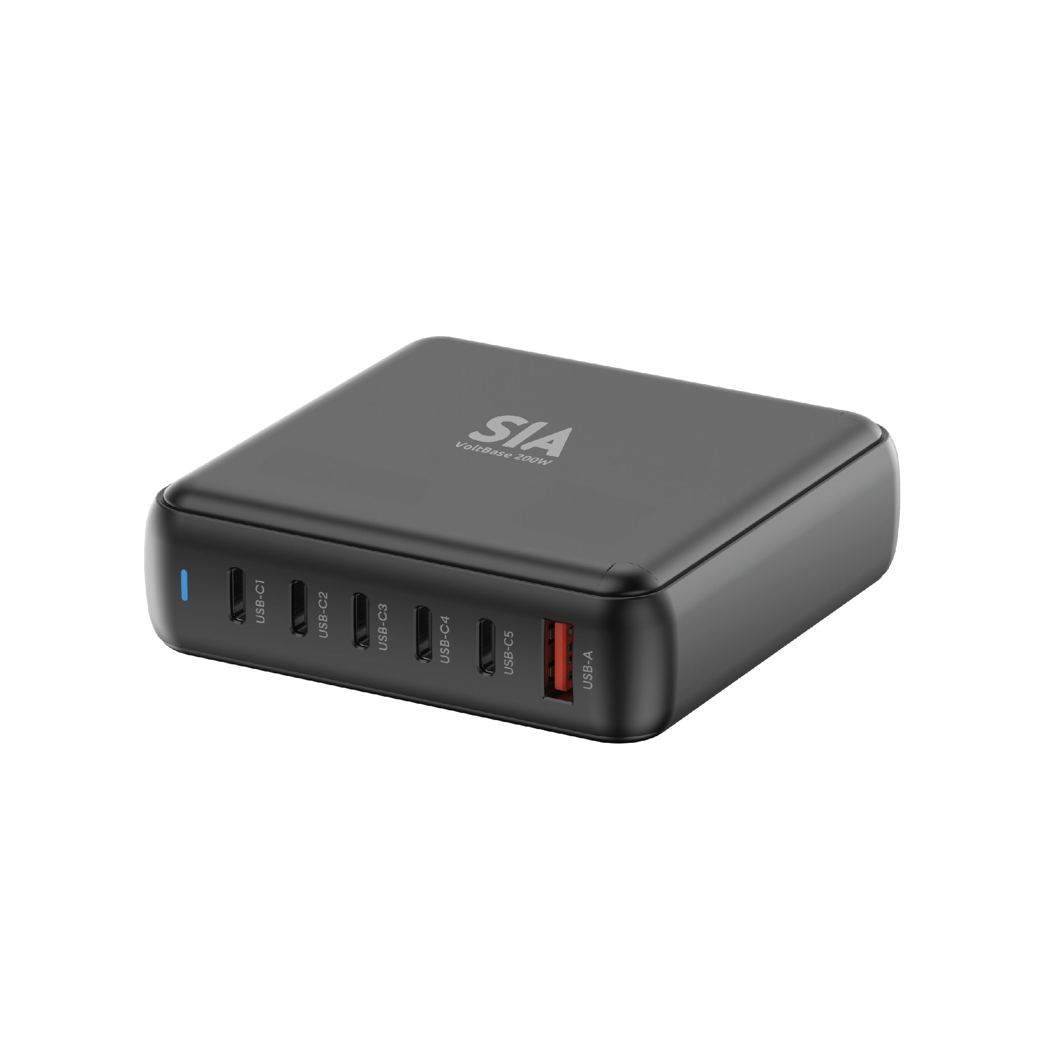 شاحن مكتبي SIA، GaN PD/PPS/QC 200 واط 5 منافذ تايب سي و منفذ USB-A واحد بريطاني | أسود