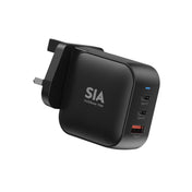 شاحن GaN من SIA بقوة 70W بـ 3 منافذ إصدار المملكة المتحدة - أسود