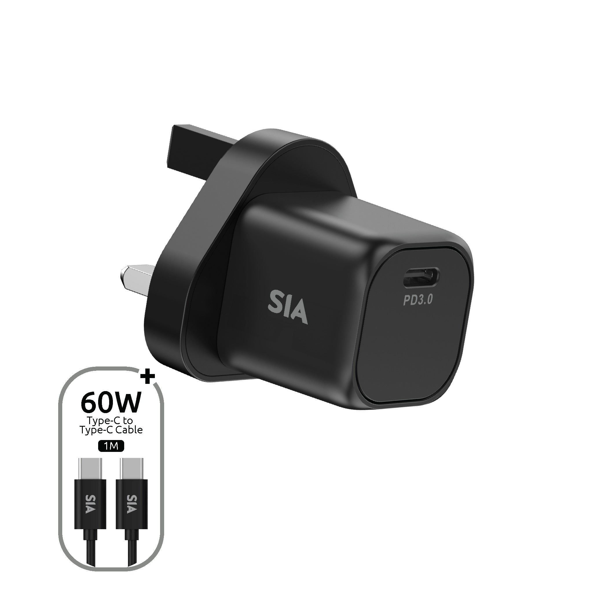 شاحن Mini من SIA بتقنية GaN بقوة PD/PPS 35W  بمنفذ Type-C مع كابل C-C بطول 1m وقابس UK - أسود