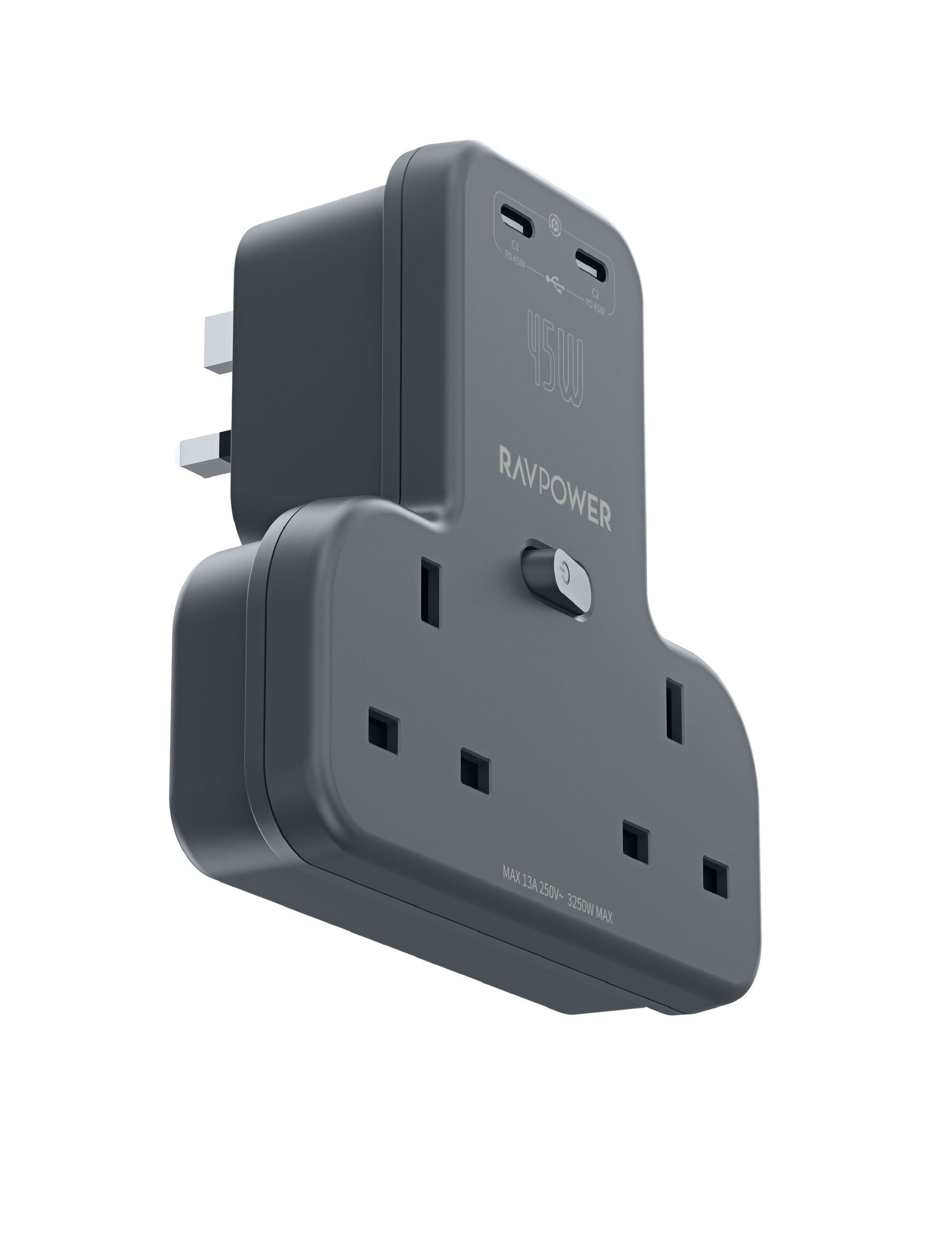 RAVPower Power Outlet Extender, GaN 45W with 2 AC Outlets and 2 USB-C
