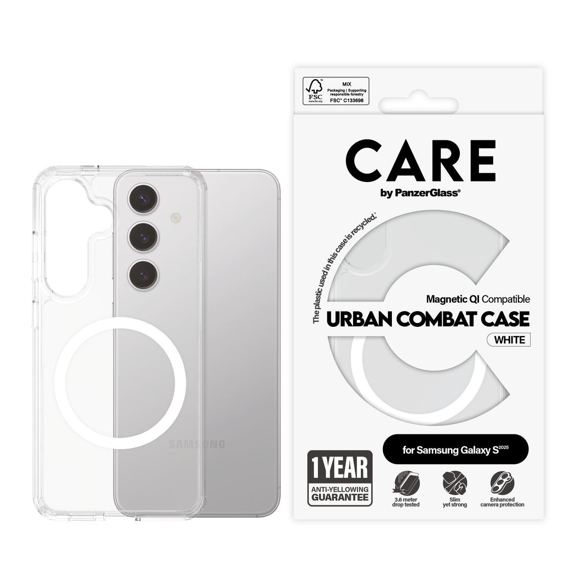 CARE Urban Combat Case, Transparent Qi Compatible for Galaxy S25 | White