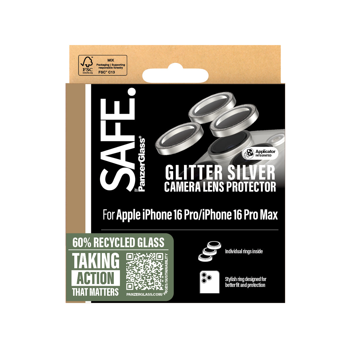 حماية عدسة الكاميرا Glitter من SAFE لهواتف iPhone 16 Pro / Pro Max - فضي