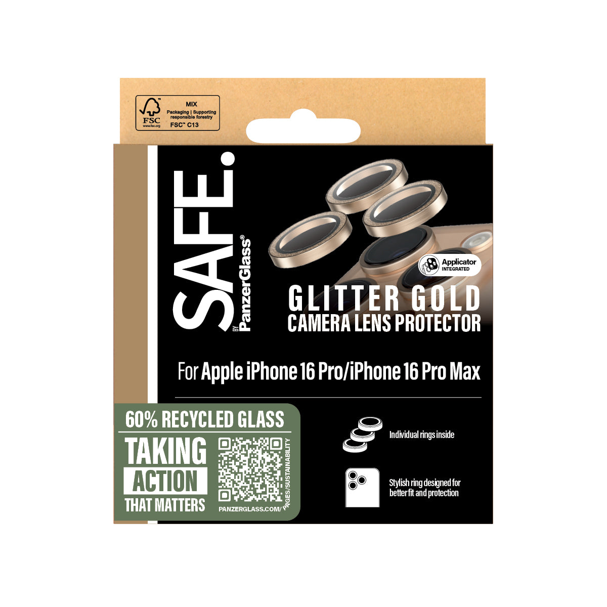 حماية عدسة الكاميرا Glitter من SAFE لهواتف iPhone 16 Pro / Pro Max - ذهبي