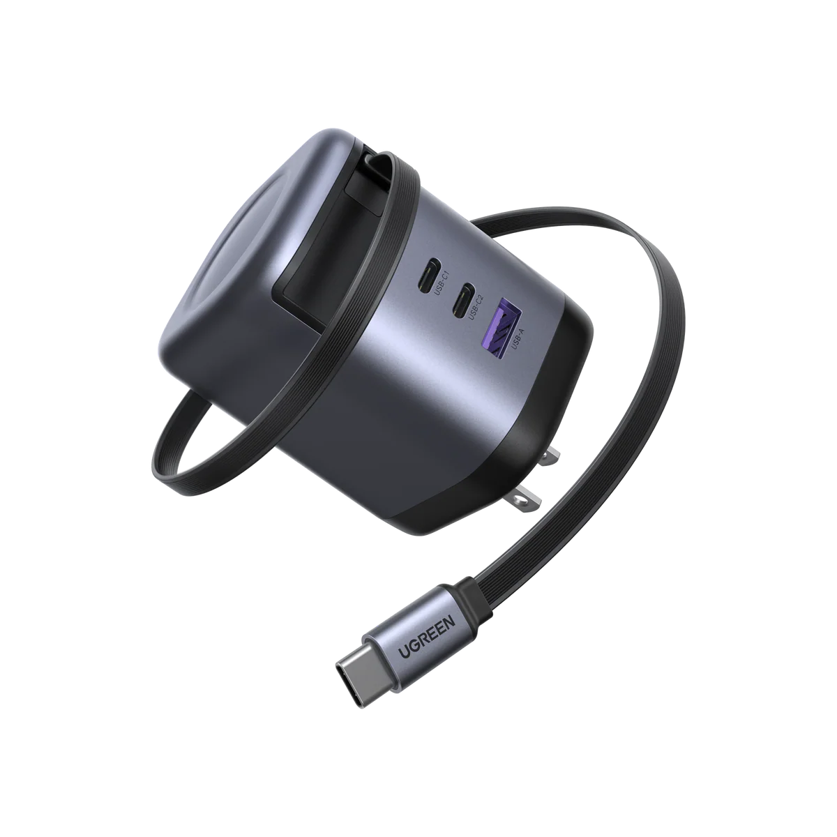 UGREEN 100W GaN Charger with Retractable USB-C Cable - Space Gray