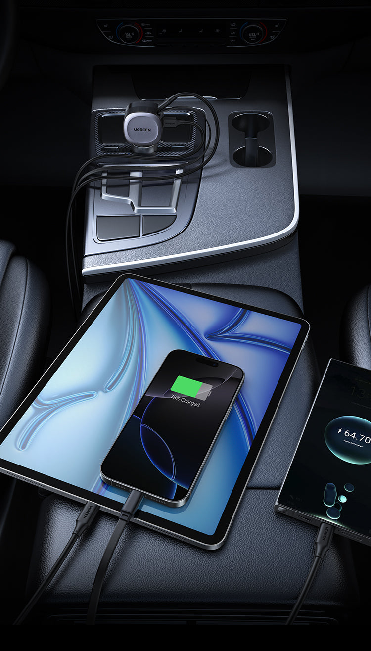UGREEN 75W Fast Car Charger with Retractable Cable Type C (Space Grey) product image 1