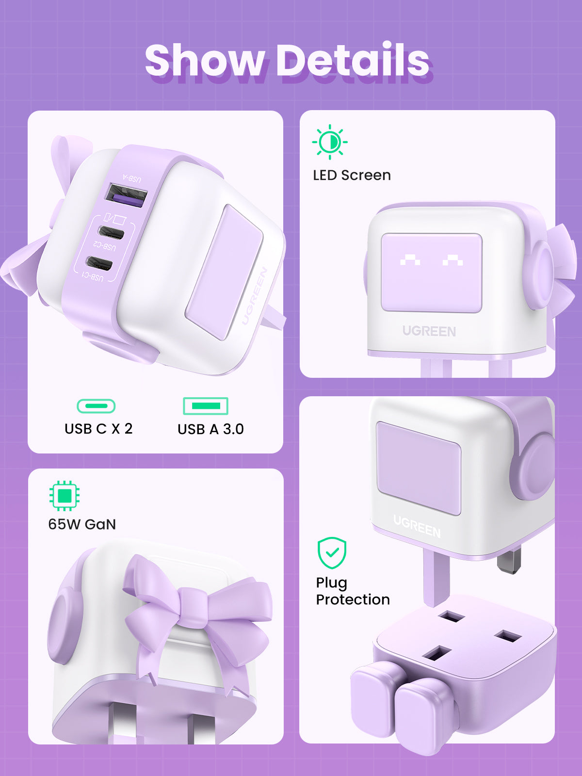 UGREEN Uno RG 65W 3-Port GaN Fast Charger UK Purple 35292 product image 5