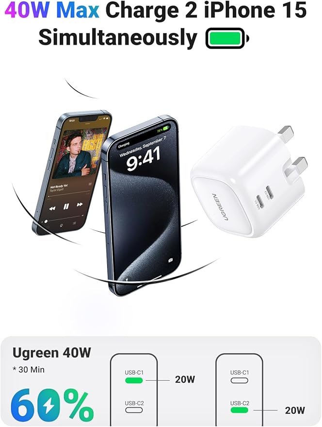 UGREEN USB-C Fast Charger 2-Port 40W UK -folding foot CD243 White product image 1