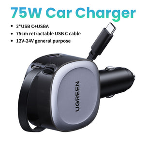 UGREEN 75W Fast Car Charger with Retractable Cable Type C (Space Grey) product image 7