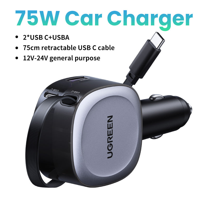 UGREEN 75W Fast Car Charger with Retractable Cable Type C (Space Grey) product image 7